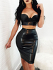 Ensembles Deux Pièces en Cuir Synthétique Femme Taille Haute à Col Décolleté en V Jupe Mi-longue Sexy