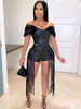 Ensembles Deux Pièces en Cuir Verni avec Franges Taille Haute avec Manches Courtes à Col Décolleté en V Shorts Sexy