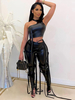 Ensembles Deux Pièces en Cuir Verni avec Franges Taille Haute sans Manches Pantalons Moulant Long Sexy