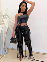 Ensembles Deux Pièces en Cuir Verni avec Franges Taille Haute sans Manches Pantalons Moulant Long Sexy