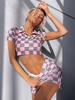 Ensembles deux pièces en polyester rose col rabattu motif à carreaux boutons haut décontracté tenue à manches courtes