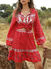 Ensembles deux pièces en polyester rouge col en V imprimé floral à lacets académique manches longues tenue dété pour les femmes