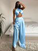 Ensembles Deux Pièces en Satin Taille Haute avec Bretelle avec Epaule Dénudé Pantalons Long Sexy