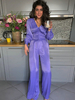 Ensembles Deux Pièces en Satins Femmes Chemisiers à Col V avec Manches Longues Amples Pantalons Longs Bas Evasée Coupe Cintrée Unicolore Sexy