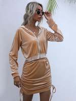 Ensembles Deux Pièces en Velours Femme Taille Haute à Capuche avec Manches Longues à Zip Jupe Courte Sexy