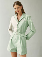 Ensembles Deux Pièces Femme à Col Revers avec Manches Longues Shorts Bicolores