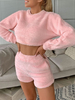 Ensembles Deux Pièces Femme à Col Rond avec Manches Longues Shorts Taille Haute Unicolore