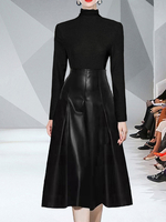 Ensembles Deux Pièces Femme Blouse à Col Montant avec Manches Longues Jupe en Cuir Synthétique Mi-longue Bas Evasée Unicolore