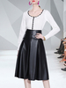 Ensembles Deux Pièces Femme Blouse à Col Rond avec Manches Longues Jupe Mi-longue en Cuir Synthétique Bas Evasée Bicolores