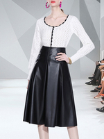 Ensembles Deux Pièces Femme Blouse à Col Rond avec Manches Longues Jupe Mi-longue en Cuir Synthétique Bas Evasée Bicolores