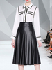 Ensembles Deux Pièces Femme Chemsier à Col Revers avec Manches Longues Jupe Mi-longue en Cuir Synthétique Bas Evasée Unicolore