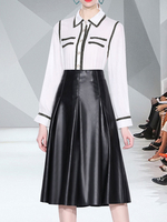 Ensembles Deux Pièces Femme Chemsier à Col Revers avec Manches Longues Jupe Mi-longue en Cuir Synthétique Bas Evasée Unicolore