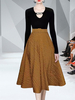 Ensembles Deux Pièces Femme Chemsier à Col V avec Boucles avec Manches Longues Jupe Mi-longue Bas Evasée Bicolores