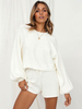 Ensembles Deux Pièces Femme Décontracté à Col Rond avec Manches Longues Shorts à Lacets Unicolore