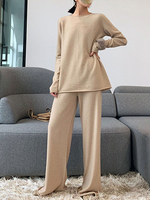 Ensembles Deux Pièces Femme en Côtelé à Col Rond avec Manches Longues Pantalons Longs
