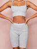 Ensembles Deux Pièces Femme en Maille Taille Haute avec Bretelles à Col Décolleté en Carré Shorts Moulant Unicolore Yoga Vêtement de Sport Sexy