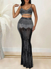 Ensembles Deux Pièces Femme en Paillettes Taille Haute à Col V avec Bretelles Jupe Longue