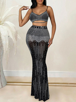 Ensembles Deux Pièces Femme en Paillettes Taille Haute à Col V avec Bretelles Jupe Longue