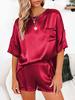 Ensembles Deux Pièces Femme en Satin Courte Femme à Col Rond avec Manches Courtes avec Poches Shorts Unicolore Ensembles Deux Pièces