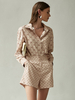 Ensembles Deux Pièces Femme Imprimé à Col Revers avec Manches Longues Shorts Bicolores