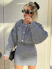 Ensembles Deux Pièces Femme Imprimé Carreaux Taille Haute à Col Rond avec Manches Longues avec Boutons Jupe Courte Sexy