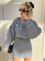 Ensembles Deux Pièces Femme Imprimé Carreaux Taille Haute à Col Rond avec Manches Longues avec Boutons Jupe Courte Sexy