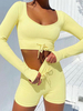 Ensembles Deux Pièces Femme Moulante Taille Haute avec Manches Longues à Col Rond Shorts à Lacets Unicolore