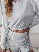Ensembles Deux Pièces Femme Taille Haute à Capuche avec Manches Longues Shorts Unicolore