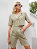Ensembles Deux Pièces Femme Taille Haute à Col Décolleté en Revers avec Manches Courtes Pantalons Courtes Unicolore Sexy