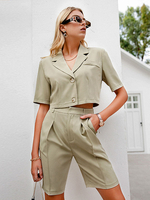 Ensembles Deux Pièces Femme Taille Haute à Col Décolleté en Revers avec Manches Courtes Pantalons Courtes Unicolore Sexy