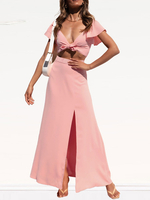 Ensembles Deux Pièces Femme Taille Haute à Col Décolleté en V avec Manches Courtes Jupe Longue avec Fente Unicolore