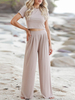 Ensembles Deux Pièces Femme Taille Haute à Col Rond avec Manches Courtes Pantalons Longs Unicolore