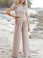 Ensembles Deux Pièces Femme Taille Haute à Col Rond avec Manches Courtes Pantalons Longs Unicolore