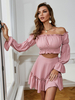 Ensembles Deux Pièces Femme Taille Haute avec Epaule Dénudée avec Manches Longues Amples Jupe Courte Unicolore