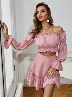 Ensembles Deux Pièces Femme Taille Haute avec Epaule Dénudée avec Manches Longues Amples Jupe Courte Unicolore