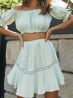 Ensembles Deux Pièces Femme Taille Haute avec Manches Courtes Amples avec Jupe Courtes Bas Evasée Unicolore Sexy