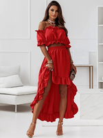 Ensembles Deux Pièces Femme Taille Haute avec Manches Courtes Jupe Longue Bas Evasée Unicolore