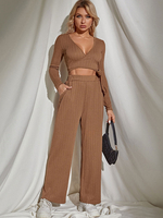 Ensembles Deux Pièces Femme Taille Haute avec Manches Longues à Col Décolleté en V Pantalons Longs