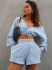 Ensembles Deux Pièces Femme Taille Haute avec Manches Longues Amples à Col Décolleté Shorts Courts avec Poches Unicolore