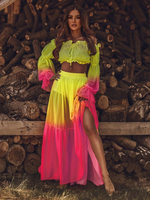 Ensembles Deux Pièces Femme Taille Haute avec Manches Longues Amples Jupe Longue avec Fente Bicolores