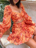 Ensembles Deux Pièces Femme Taille Haute Imprimé à Col Décolleté en V avec Manches Longues Amples Jupe Courte en Mousseline Sexy