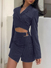 Ensembles Deux Pièces Femme Taille Haute Imprimé Rayures à Col Revers avec Manches Longues Jupe Courte Bicolores Sexy
