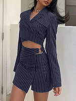 Ensembles Deux Pièces Femme Taille Haute Imprimé Rayures à Col Revers avec Manches Longues Jupe Courte Bicolores Sexy