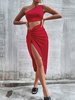 Ensembles Deux Pièces Femme Taille Haute Jupe Longue avec Fente Unicolore