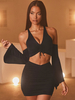 Ensembles Deux Pièces Femmes à Col Décolleté en V à Lacets avec Manches Longues Volantes avec Epaules Nues Jupe Moulantes Unicolore Sexy