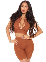 Ensembles Deux Pièces Femmes en Mousselines à Col Rond sans Manches à Zip Shorts Moulants avec Plis Unicolore Sexy
