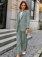 Ensembles Deux Pièces Femmes Imprimés les Carreaux Blazer à Col Revers avec Manches Longues avec Poches Pantalons Décontractés Bicolores