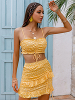 Ensembles Deux Pièces Femmes Imprimés Pois Taille Haute avec Bretelles à Lacets Jupe Courte Moulante Bicolores avec Volants Ensembles Sexy