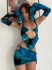 Ensembles Deux Pièces Imprimé Femme Taille Haute avec Manches Longues Volante avec Epaule Dénudée Jupe Courte Sexy