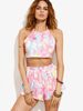 Ensembles Deux Pièces Imprimé Taille Haute Femme avec Bretelles à Col Rond Shorts Court Sexy